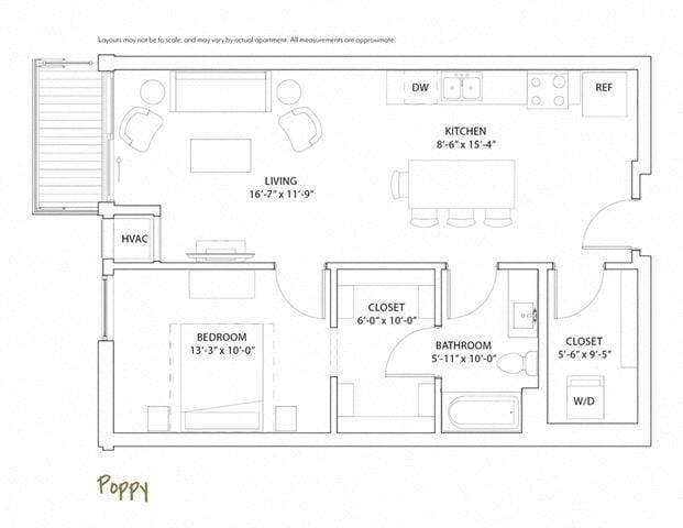 Floor Plan - 1 Bed 1 Bath Poppy