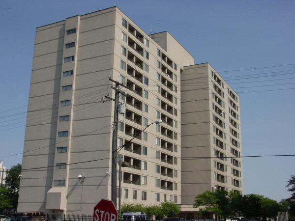 Northwest corner from St. John Detroit Riverview Hospital - Sheridan Place II Apartments