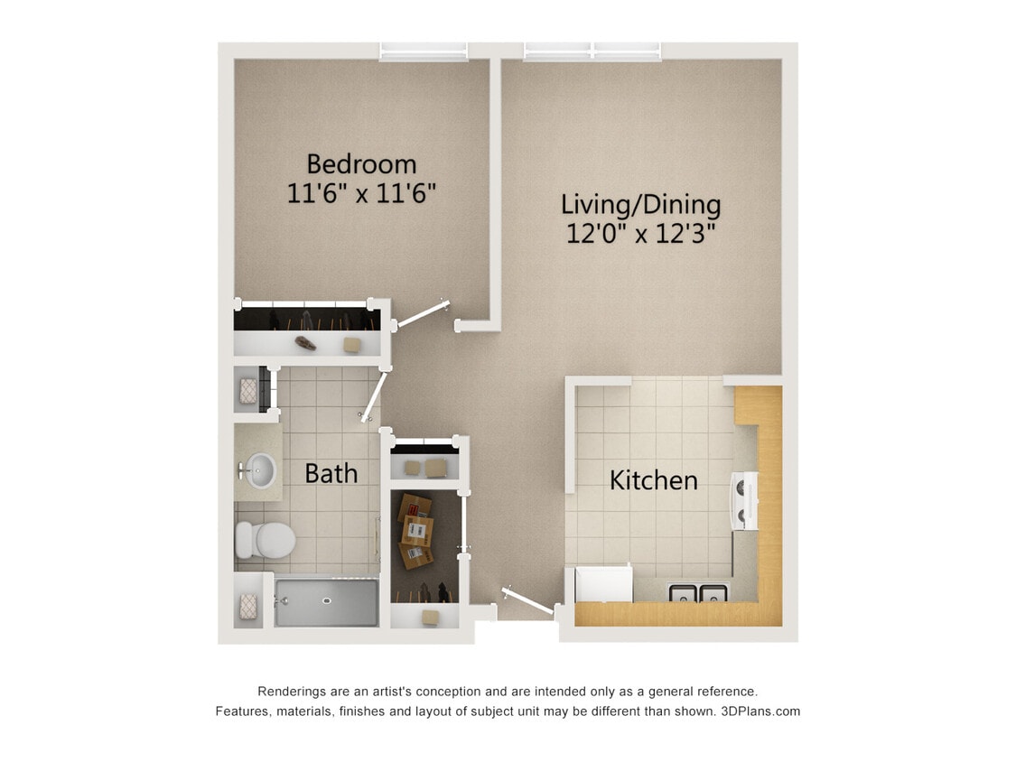 Floor Plan - 1 Bed 1 Bath (A1)