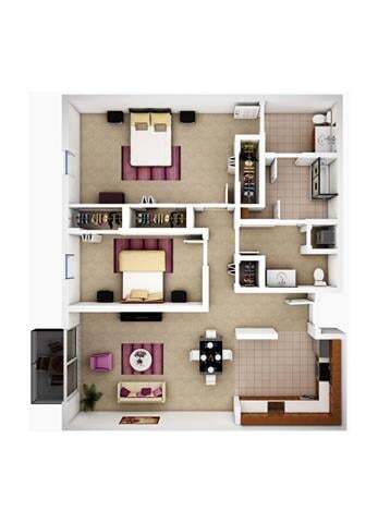 Floor Plan - 2Bed  2Bath 898 sf