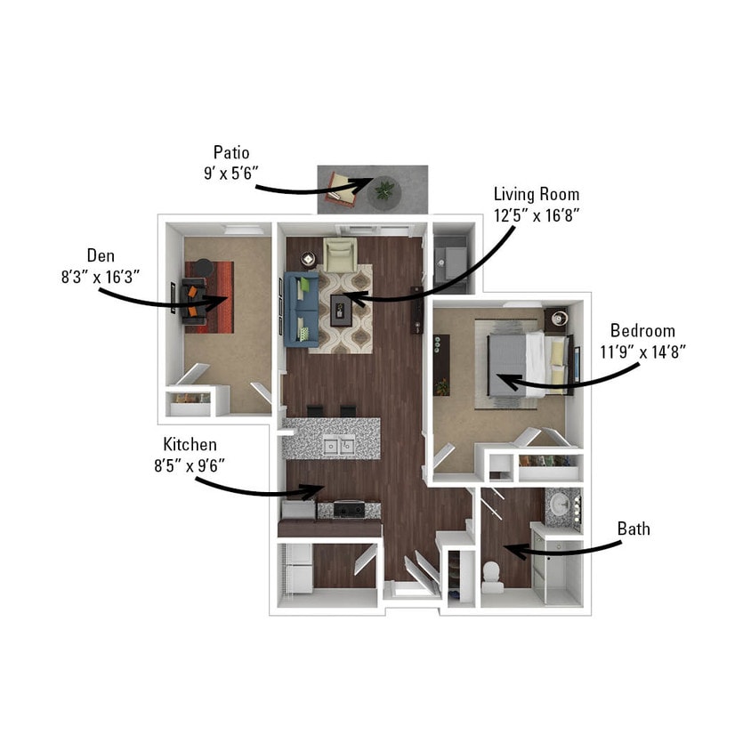 Floor Plan - 1 Bedroom, 1 Bath with Den 853 sq. ft.