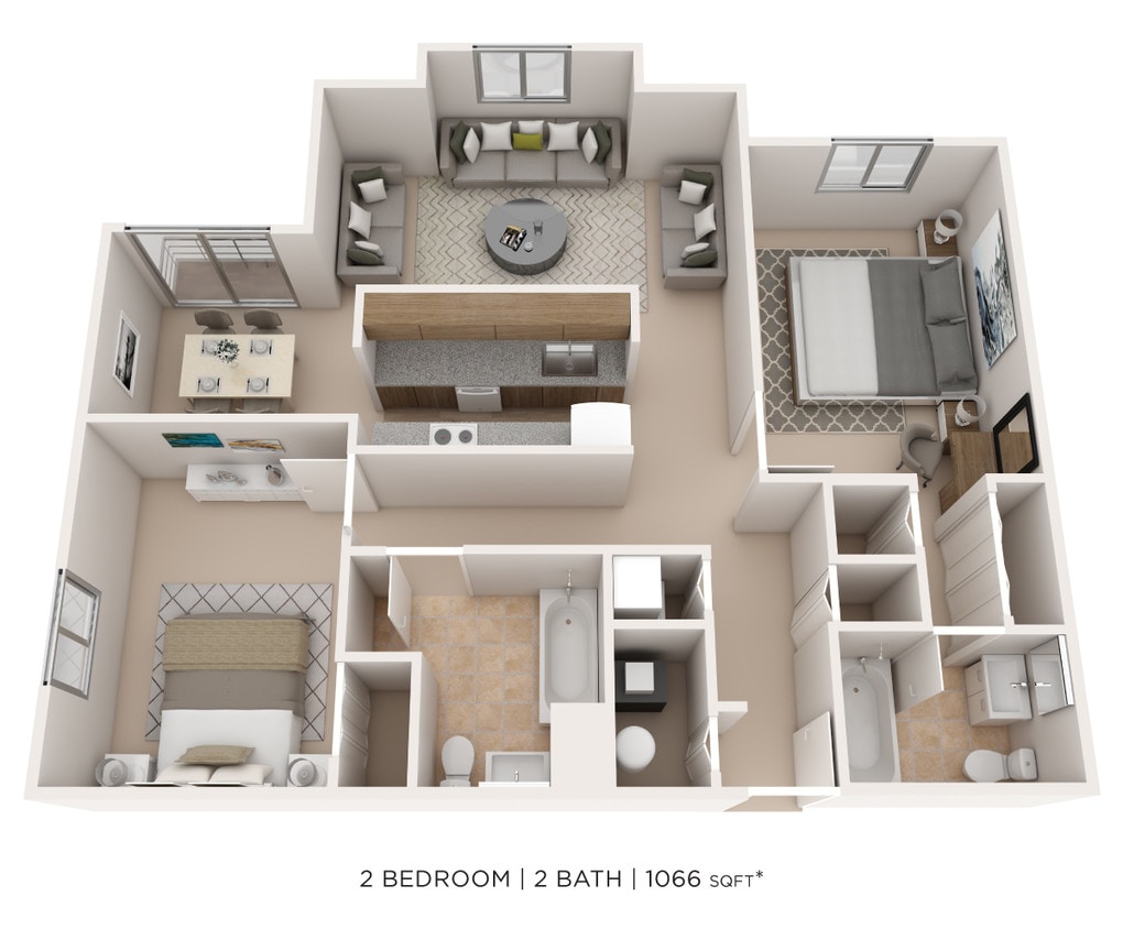 Floor Plan - Two Bedroom 2 Bath - 1,066 sqft