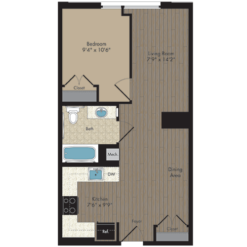 Floor Plan - 1 Bed/1 Bath 1.1e - 60%