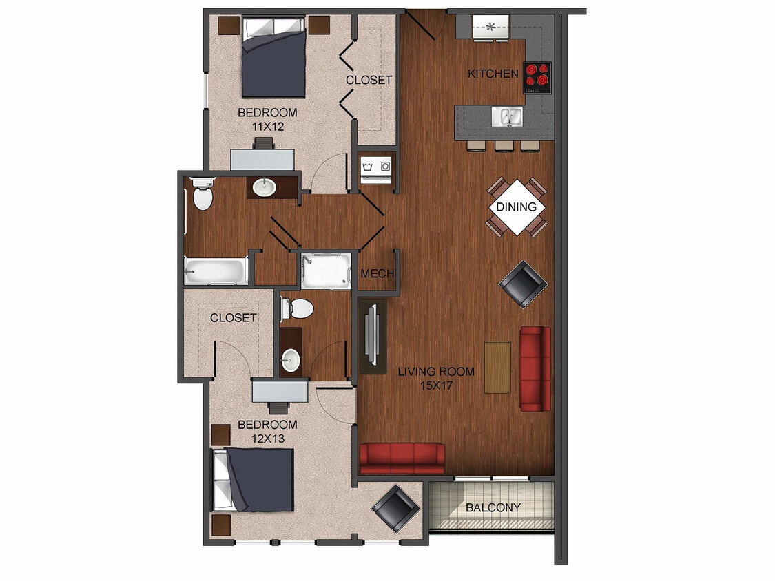 2 bedroom apartment home floor plan at Township 28 - 2 Bedroom Deluxe