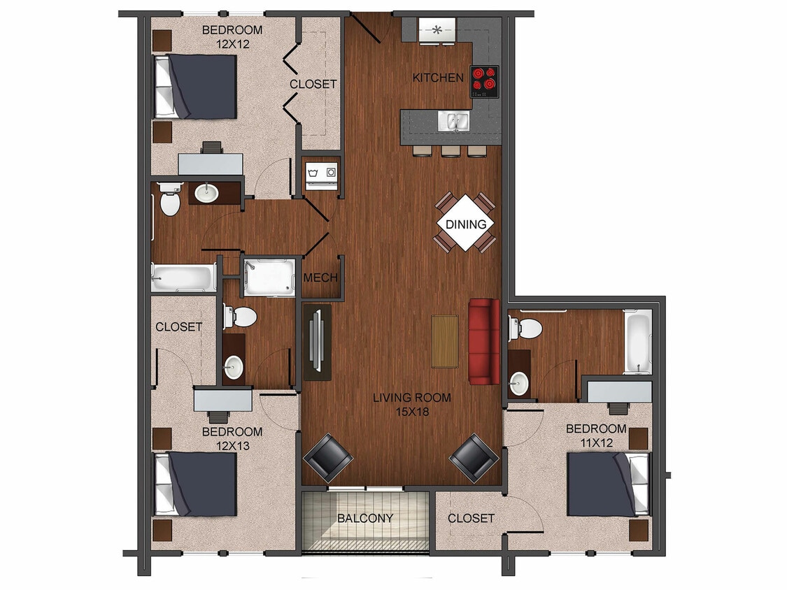 floor plan image of 3 bedroom apartment home image - 3 Bedroom