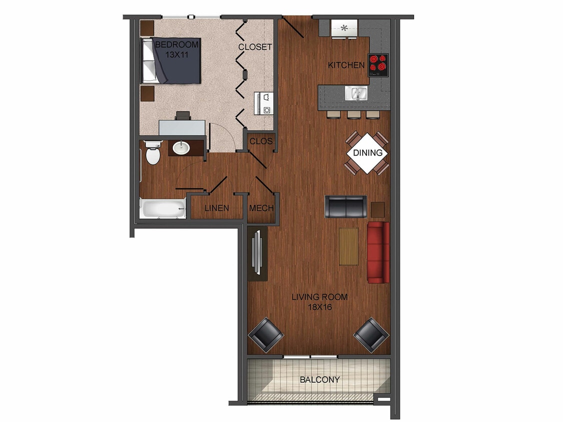 1 bedroom apartment home floor plan at Township 28 - 1 Bedroom