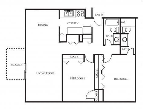 2BR/2BA - 2 Bedroom 2 Bath Floor Plan