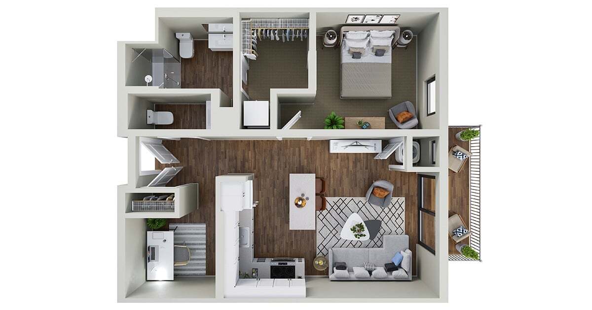 Floor Plan - Prairie - 1 Bedroom 2 Bath + Den (B)