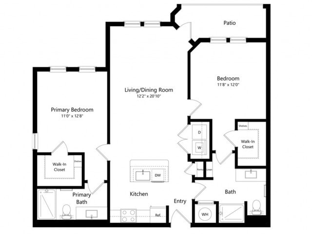 Floor plans are artist’s rendering. All dimensions are approximate. Actual product and specifications may vary in dimension or detail. Not all features are available in every apartment. Prices and availability are subject to change. - B1-E