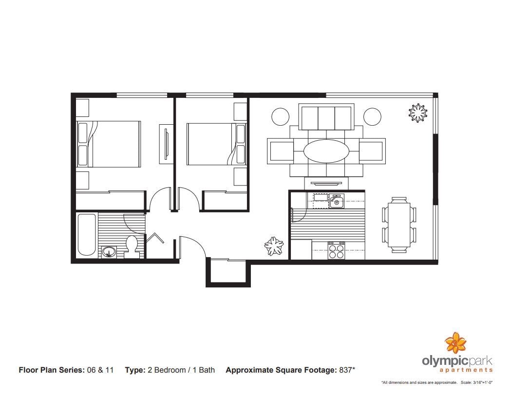 2x1 | 837 SF Classic - Two Bedroom (L)