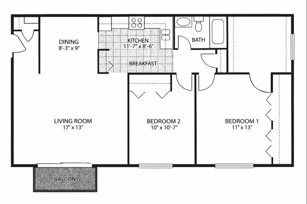 Floor Plan - 2 Bed 1 Bath Garden E