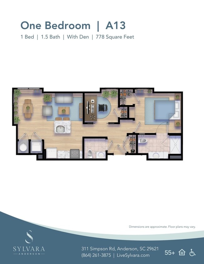 Floor Plan - 1 Bedroom 1.5 Bath w/ Den