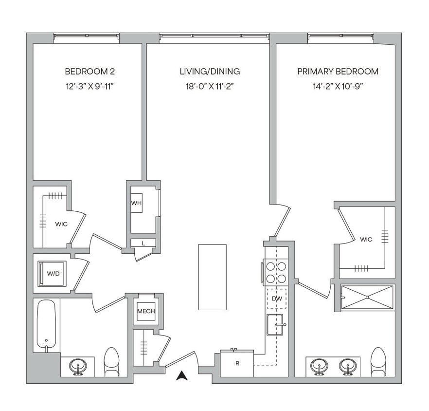 Floor Plan - B02 - 2BR 2BA (1043 SF)
