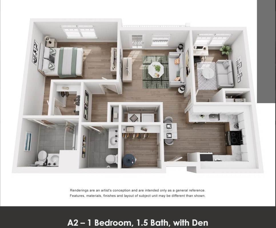 Floor Plan - 1BR 1.5BA + Den