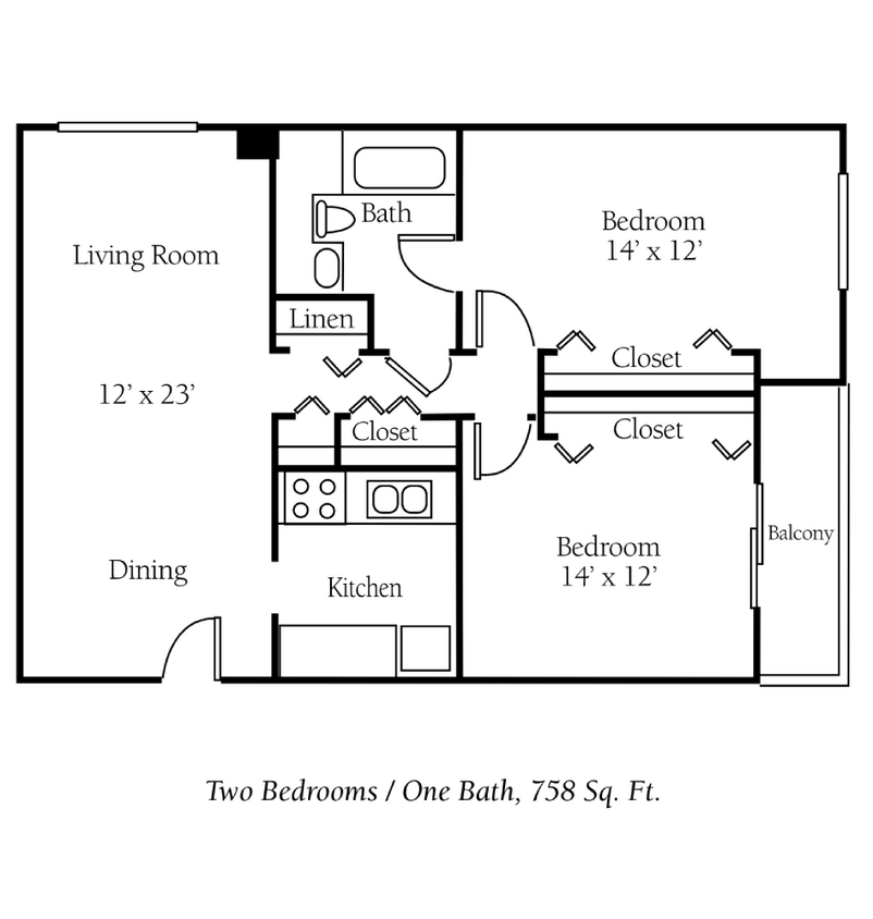 Floor Plan - 2 Bed, 1 Bath B