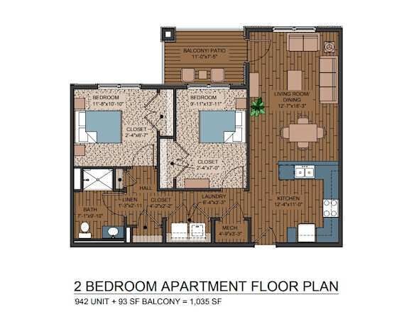 2x1, 942 SqFt - 2 Bedroom