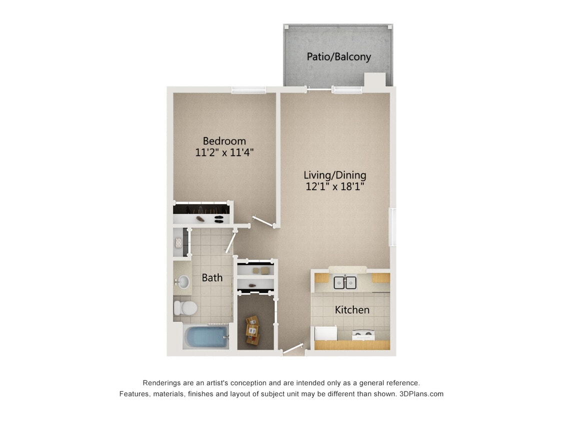 Floor Plan - 1 Bed 1 Bath (D)