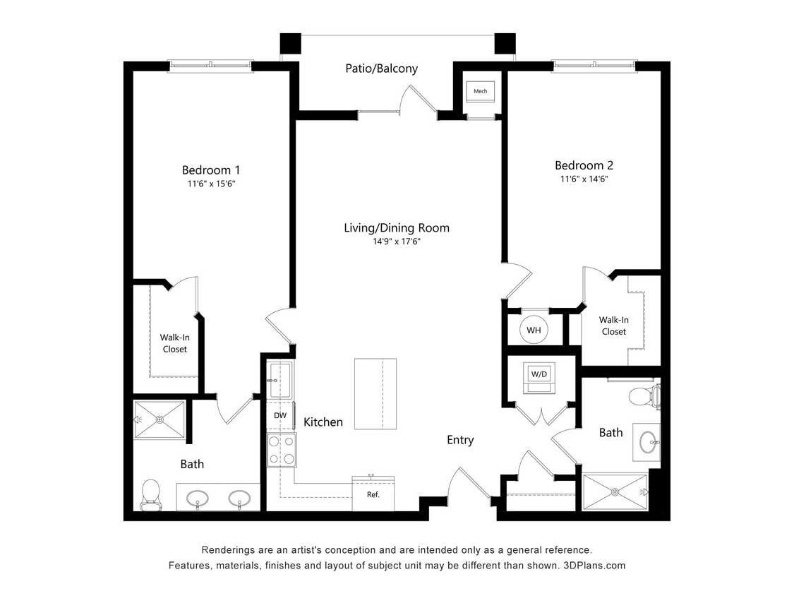 Floor Plan - B3-Two Bed, Two Bath with Patio