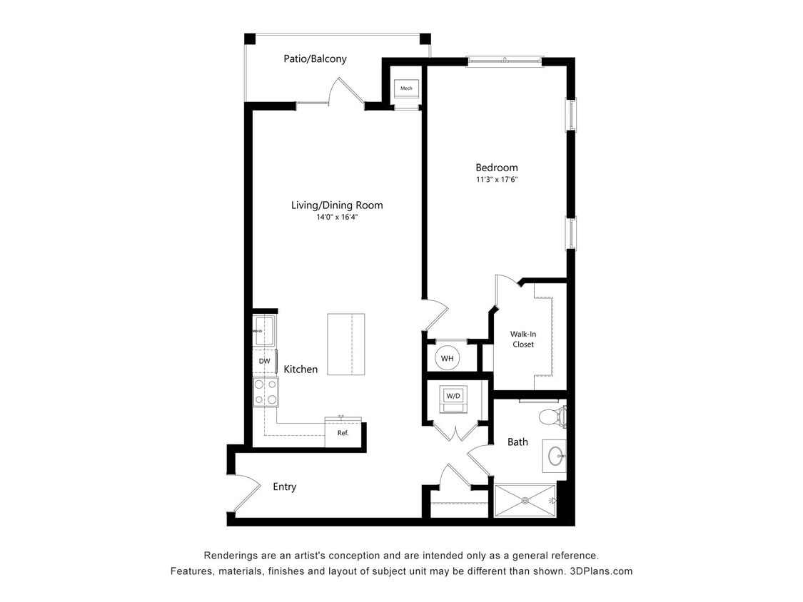 Floor Plan - A9-UF One Bed, One Bath with Balcony