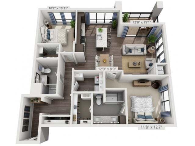 Floor plans are artist’s rendering. All dimensions are approximate. Actual product and specifications may vary in dimension or detail. Not all features are available in every apartment. Prices and availability are subject to change. - C3B