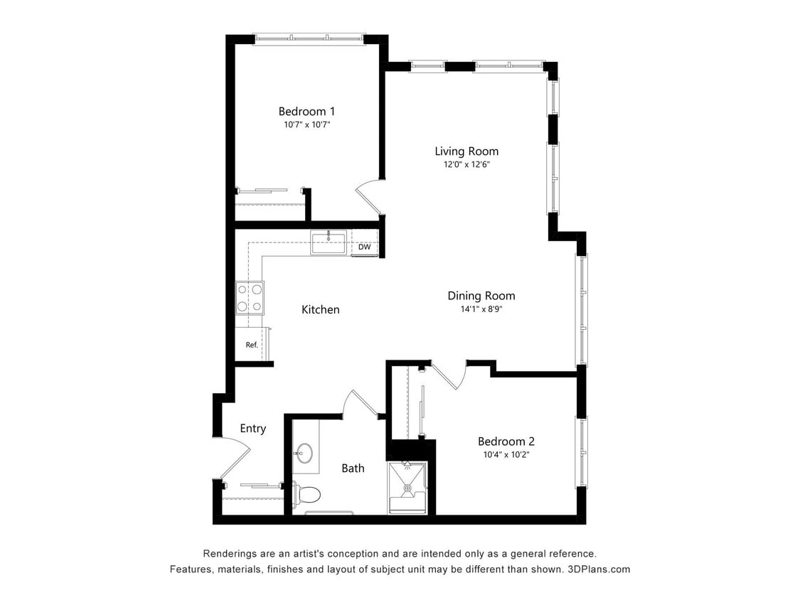 Floor Plan - 2 Bedroom, 1 Bathroom 60%