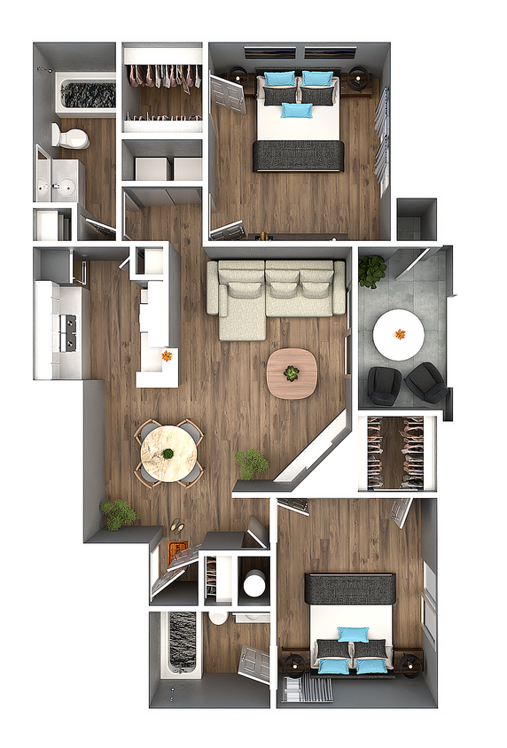 Explore the sleek layout of this contemporary apartment, designed for style and comfort. - 2 Bedroom 2 Bath A