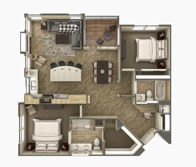 2BR, 2BA - 1177 SF - 2 BR + Dining Room + Study 