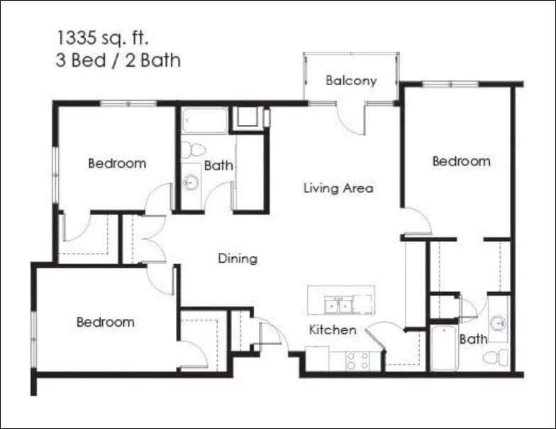 Floor Plan - 3 Bed, 2 Bath 3D