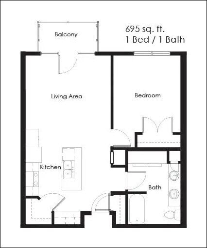 Floor Plan - 1 Bed, 1 Bath 1A