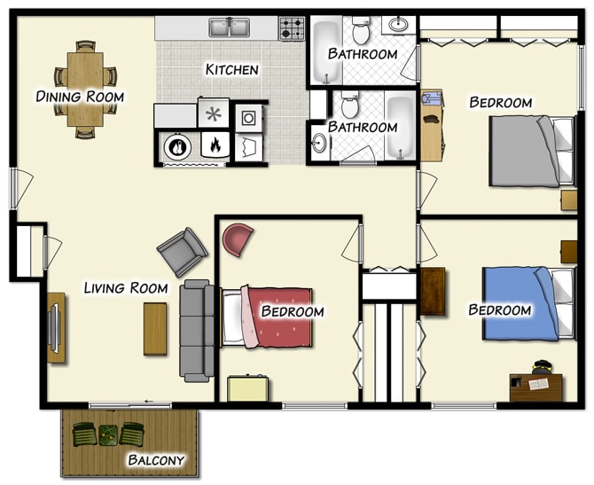 Floor Plan - 3 BR / 2 BA