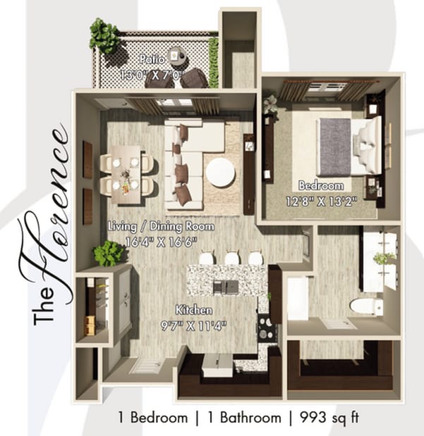 Explore The Florence's elegant design with a spacious living area and private patio. - FLORENCE