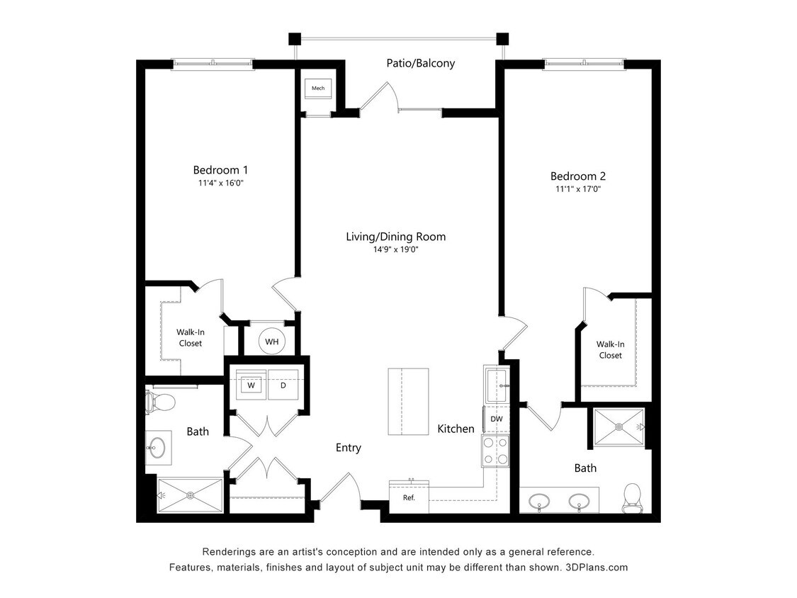 Floor Plan - B-Two Bed, Two Bath with Balcony