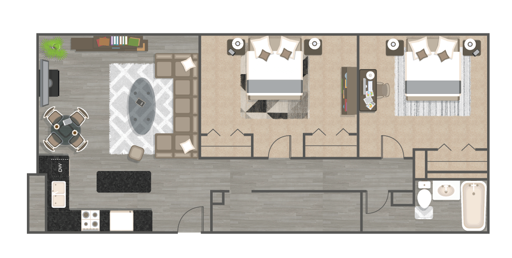 Floor Plan - Two Bedroom One Bath - The Hudson