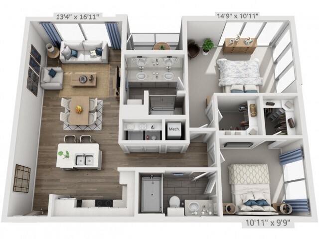 Floor plans are artist’s rendering. All dimensions are approximate. Actual product and specifications may vary in dimension or detail. Not all features are available in every apartment. Prices and availability are subject to change. - E1