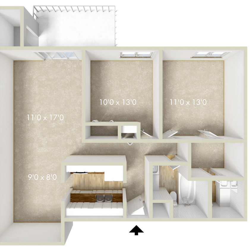 Floor Plan - 2BR 1.5BA 977 SQFT 60%