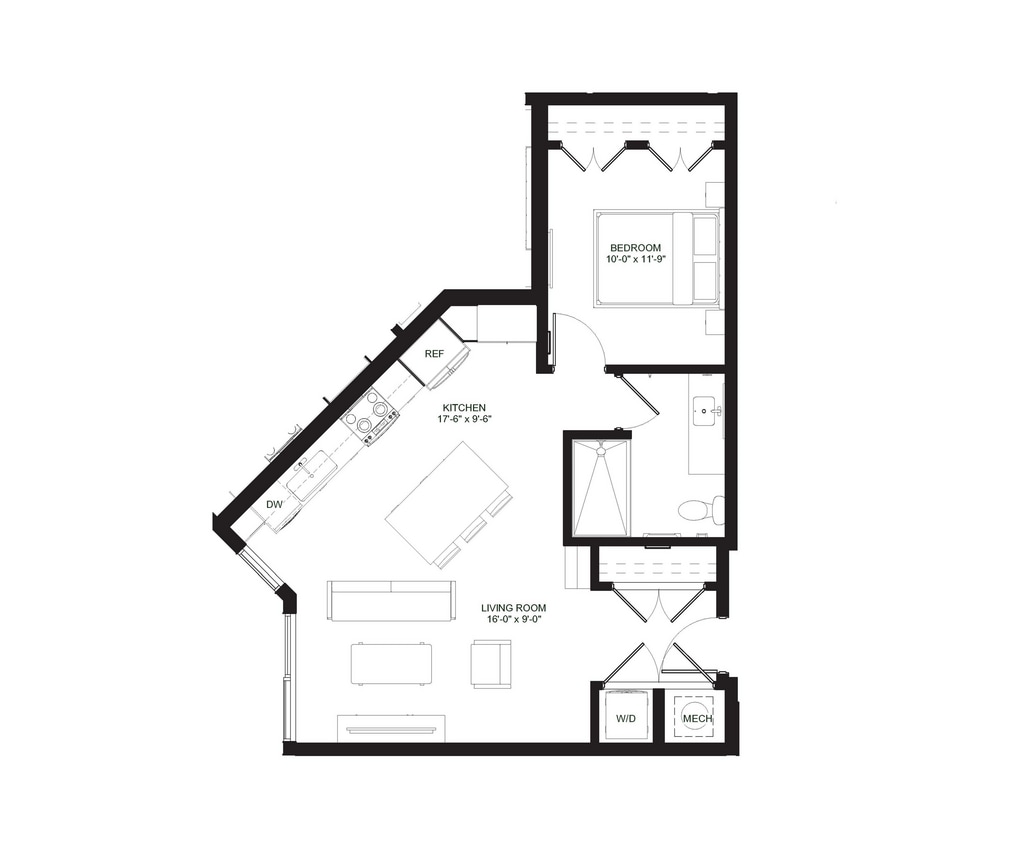 1BD-1BA, corner unit facing pool, no windows in bedroom - 1BR-C