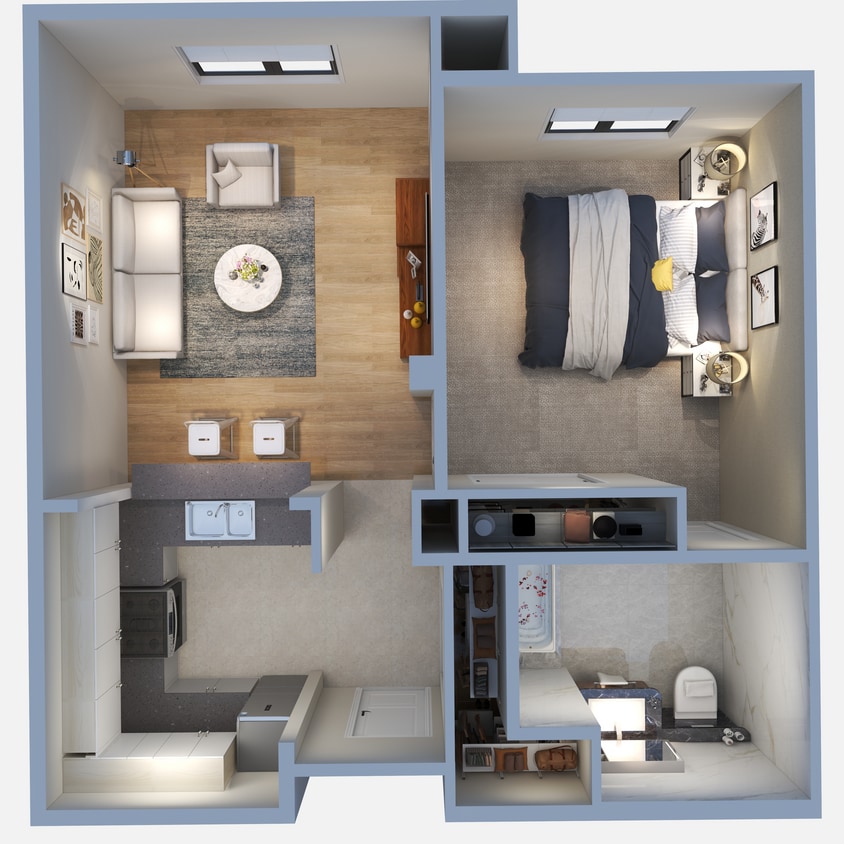 1x1 Mira Vista Villas Floorplan -View 3.jpg - One Bedroom, One Bath