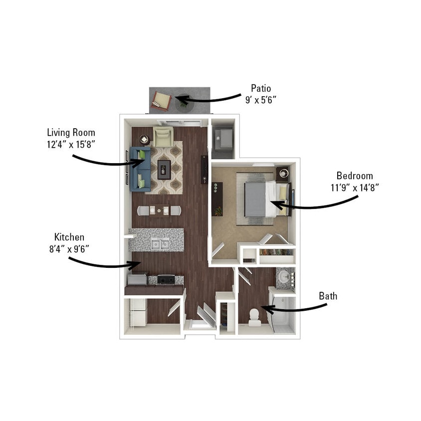 Floor Plan - 1 Bedroom, 1 Bath 695 sq. ft.