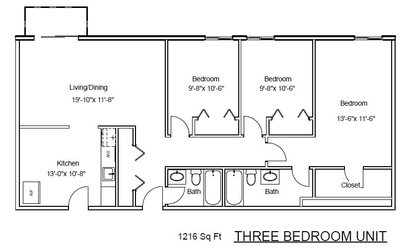 Floor Plan - Three Bedrooms, Two Bathrooms