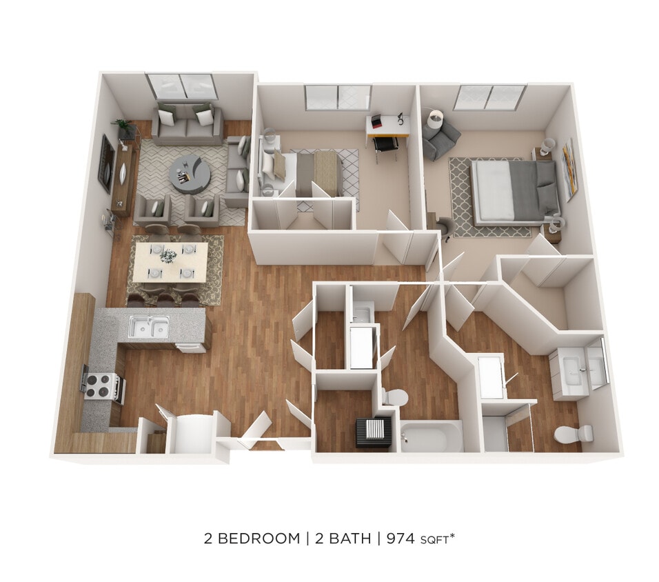 Floor Plan - Two Bedroom 2 Bath- 974 sqft