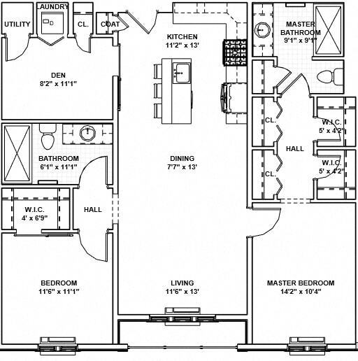 Floor Plan - 44 - 2 Bed, 2 Bath, 1 Den
