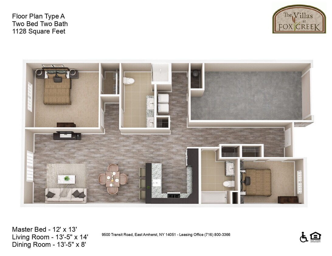 Floor Plan - Exterior Villa - 2 Bed, 2 Bath - 1128 Square Feet