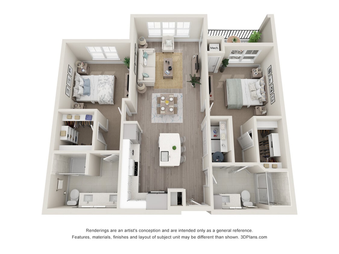 Explore this elegant 3D floor plan featuring a beautifully designed open-concept apartment with ample space. - Slate