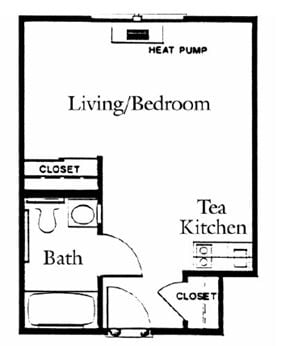 The compact yet functional studio is ideally suited to those who appreciate maximum efficiency with minimum upkeep. A kitchenette, spacious bath and two roomy closets complete this well-designed floorplan. - The Foothill