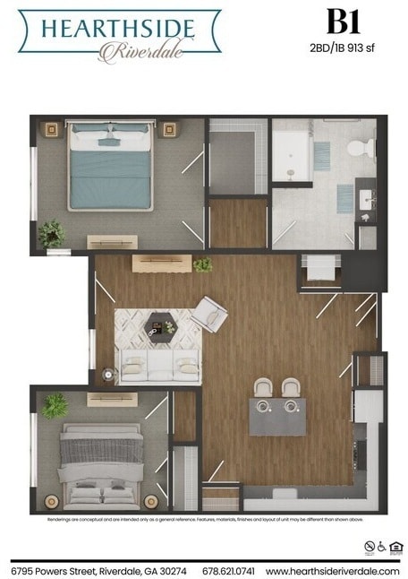 2 bed 1 bath 913 sqft - B1