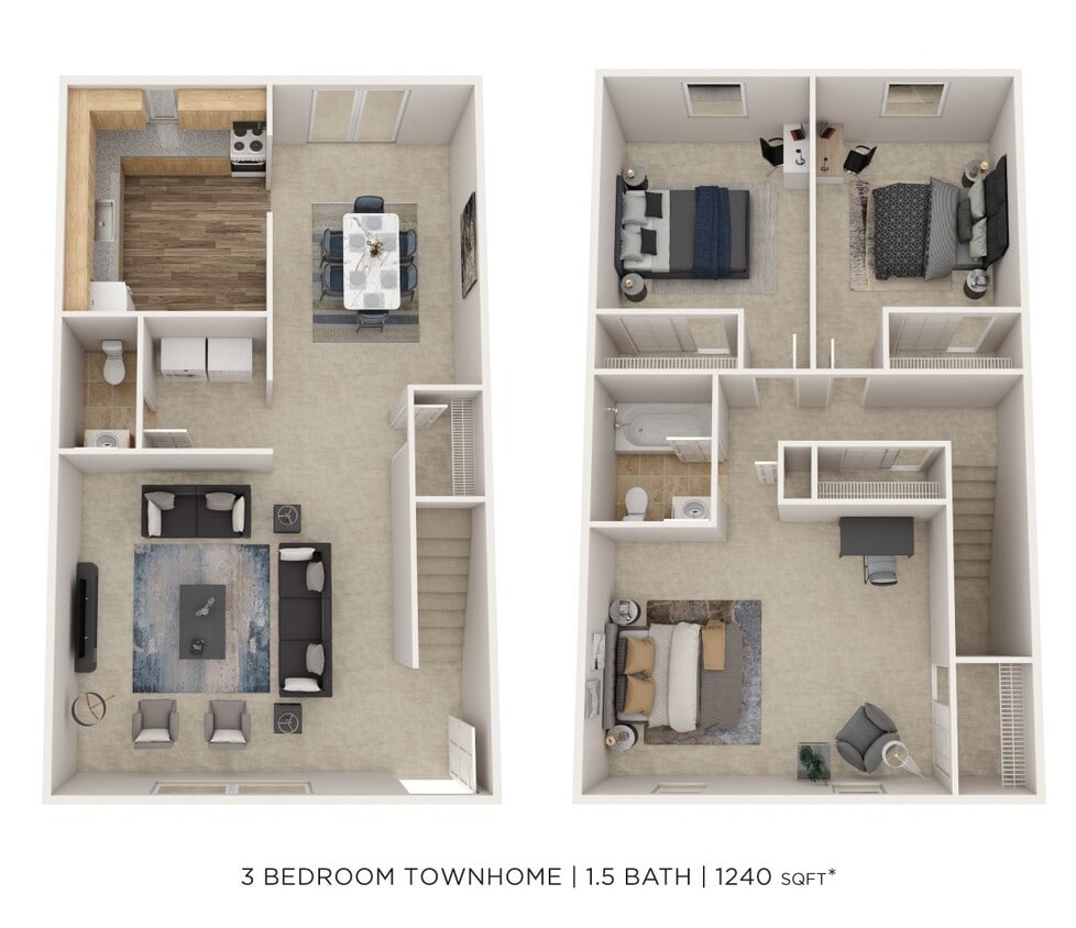 Floor Plan - Three Bedroom 1.5 Bath Townhome - 1,240 sqft
