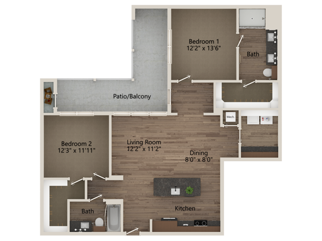 B4A 2 Bedroom 2 Bathroom 1248 sq ft - B4A