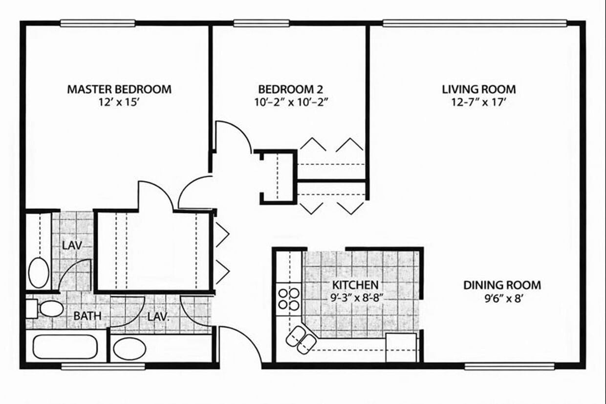 Floor Plan - 2 Bed 1 Bath Mid-Rise C (Heat Included)