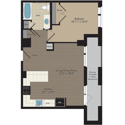 Floor Plan - 1 Bed/1 Bath 1.1j - 60%