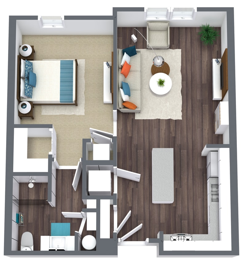 Haley Park - A1 Unit - Level 1 - 3D Floor Plan.png - One Bedroom-One Bath